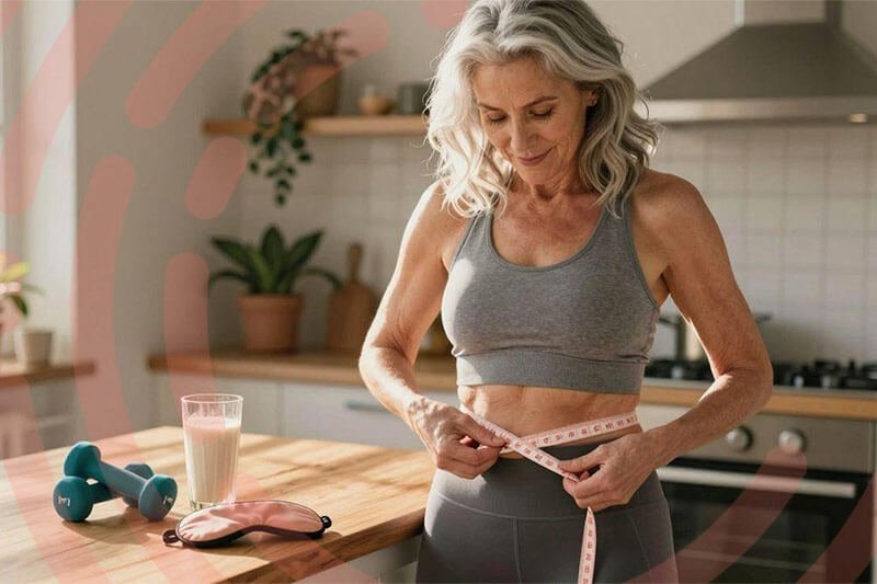 Mulher preocupada com o ganho de peso durante a menopausa