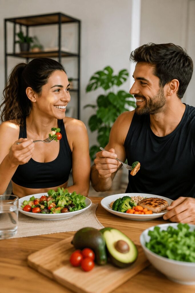 Casal na mesa fazendo alimentaçao saudavel